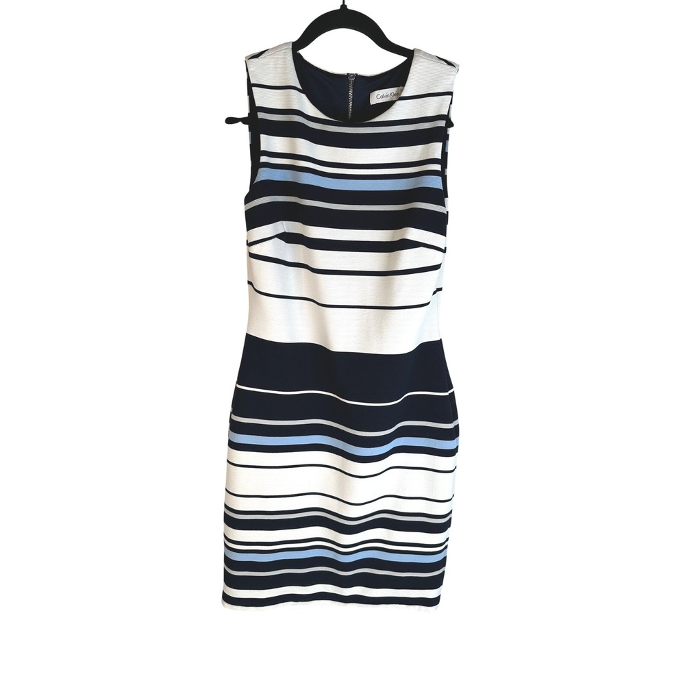 Calvin Klein Women's Blue White Striped Sleeveless Classic Sheath Dress 4 - Picture 2 of 9